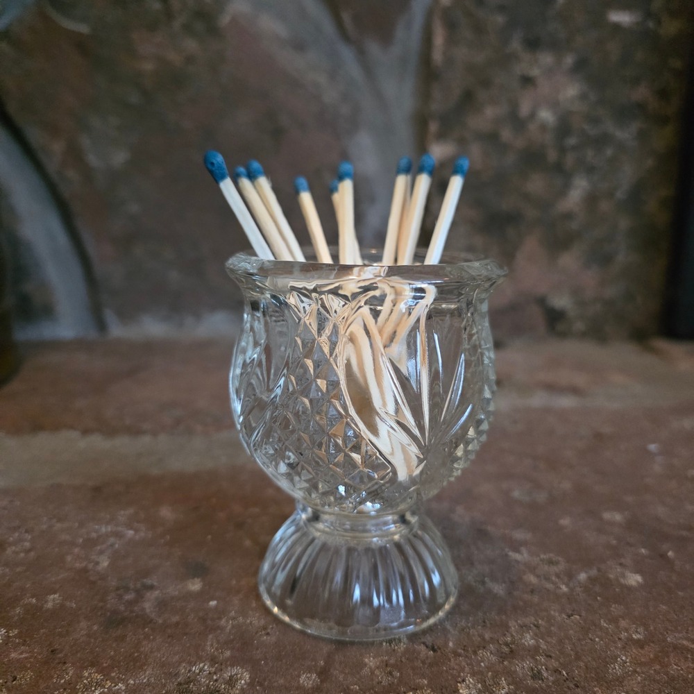 Vintage Pressed Glass Toothpick Match Holder Sunburst Diamond Point Clear